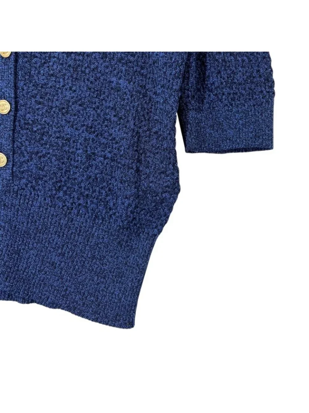 Chanel SS Short Sleeve Knit Silk Blue CC Logo Button Sweater 38